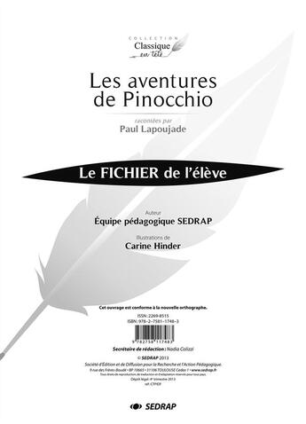 Couverture du livre « Aventures de pinocchio - fichier » de  aux éditions Sedrap