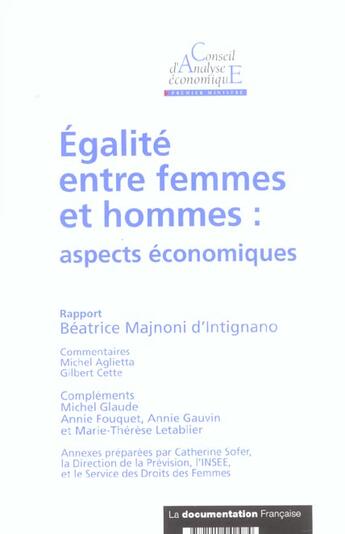 Couverture du livre « Egalite entre femmes et hommes : aspects economiques » de Majnoni D'Intignano aux éditions Documentation Francaise