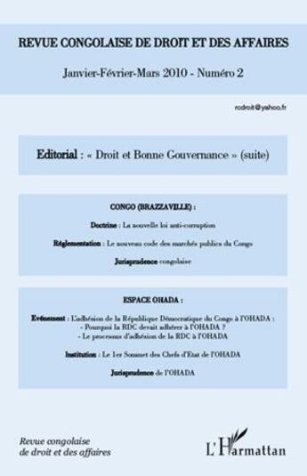 Couverture du livre « REVUE CONGOLAISE DE DROIT ET DES AFFAIRES n.2 : droit et bonne gouvernance (suite) » de  aux éditions L'harmattan