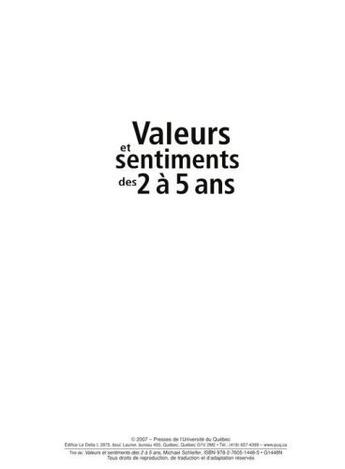 Couverture du livre « Valeurs et sentiments des 2 à 5 ans » de Michael Schleifer aux éditions Pu De Quebec