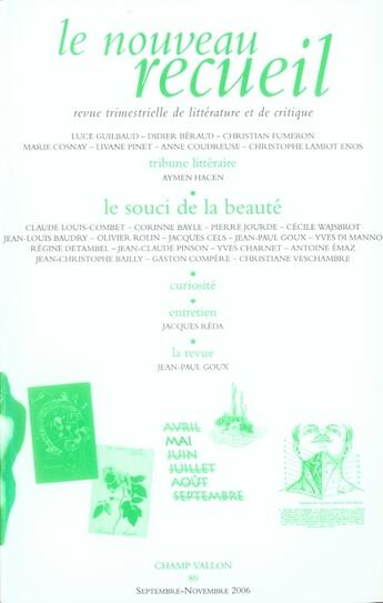 Couverture du livre « Le nouveau recueil n.80 ; le souci de la beauté » de  aux éditions Champ Vallon