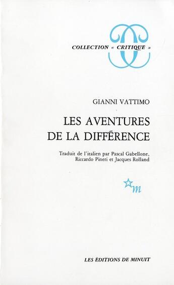 Couverture du livre « Les aventures de la diifference » de Vattimo/Rolland aux éditions Minuit