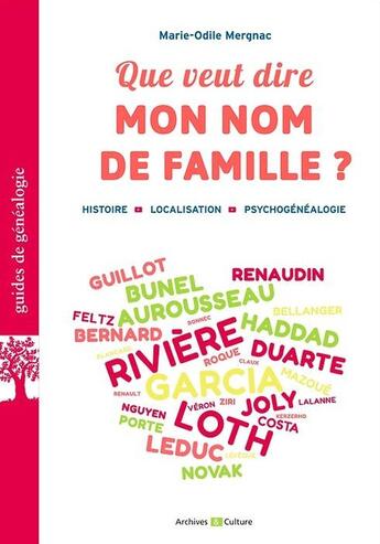 Couverture du livre « Que veut dire mon nom de famille ? Histoire, localisation, psychogénéalogie » de Marie-Odile Mergnac aux éditions Archives Et Culture