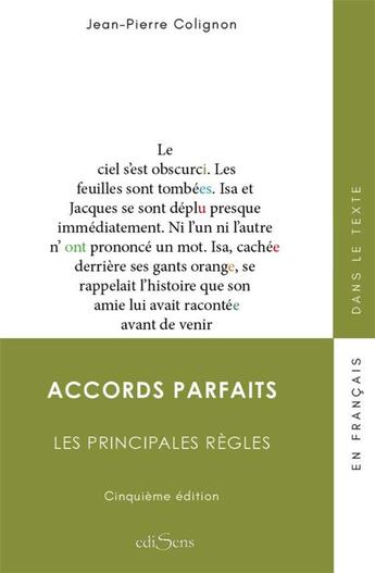 Couverture du livre « Accords parfaits ; les principales règles (5e édition) » de Jean-Pierre Colignon aux éditions Edisens
