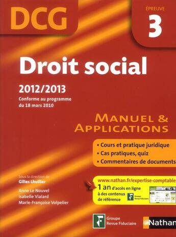 Couverture du livre « Droit social ; épreuve 3 ; DCG ; manuel & applications 2012/2013 » de  aux éditions Nathan