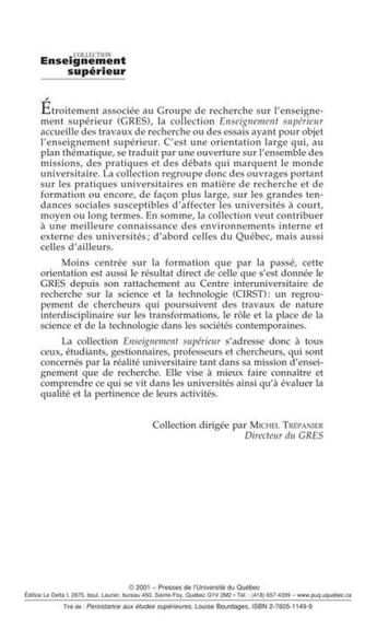 Couverture du livre « La persistance aux études supérieures ; le cas du doctorat » de Louise Bourdages aux éditions Pu De Quebec
