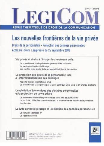 Couverture du livre « REVUE LEGICOM T.43 ; les nouvelles frontières de la vie privée » de  aux éditions Victoires