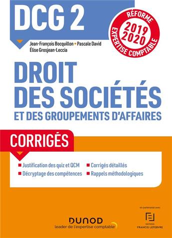 Couverture du livre « DCG 2 ; droit des sociétés et des groupements d'affaires Tome 1 ; droit des sociétés et des group (édition 2019/2020) » de Jean-Francois Bocquillon et Elise Grosjean-Leccia et Pascale David aux éditions Dunod