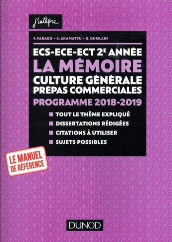 Couverture du livre « La mémoire ; thème de culture générale prépas commerciales (édition 2018/2019) » de France Farago aux éditions Dunod