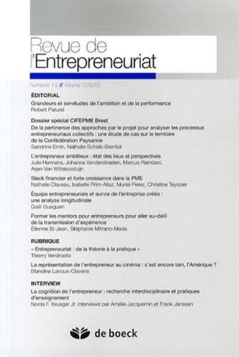 Couverture du livre « Revue de l'entrepreunariat T.2013/1.2 » de Revue De L'Entrepreunariat aux éditions De Boeck Superieur