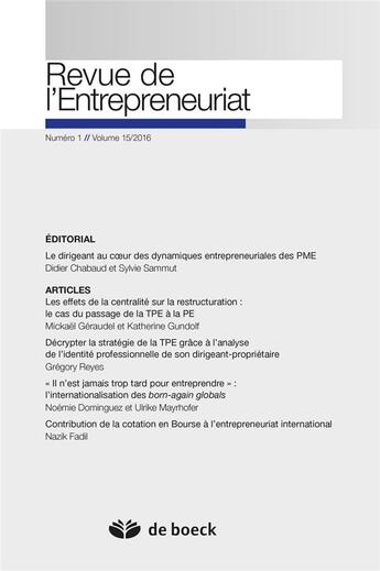 Couverture du livre « Revue de l'entrepreneuriat 2016/1 » de  aux éditions De Boeck Superieur