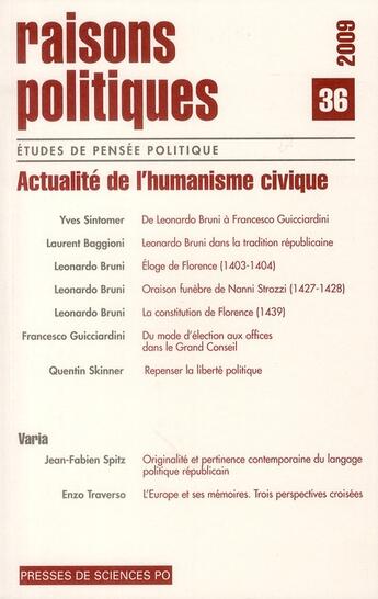 Couverture du livre « Revue Raisons Politiques T.36 ; Actualité De L'Humanisme Civique » de Revue Raisons Politiques aux éditions Presses De Sciences Po