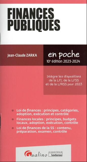 Couverture du livre « Finances publiques (édition 2023/2024) » de Jean-Claude Zarka aux éditions Gualino