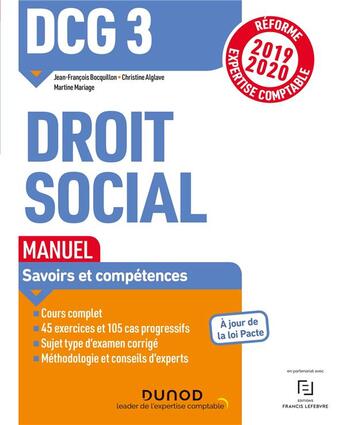 Couverture du livre « DCG 3 - droit social - t.1 ; manuel - réforme expertise comptable (édition 2019/2020) » de Jean-Francois Bocquillon et Christine Alglave et Martine Mariage aux éditions Dunod