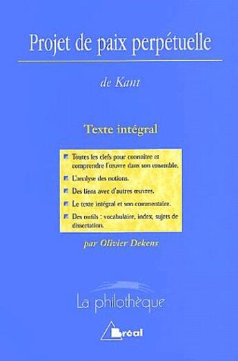 Couverture du livre « Projet de paix perpetuelle (kant) » de Dekens aux éditions Breal