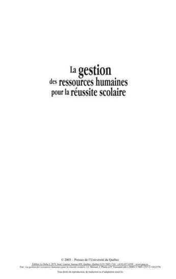 Couverture du livre « La gestion des ressources humaines pour la réussite scolaire » de Pierre Toussaint et Jean Moisset et Jean-Francois Plante aux éditions Presses De L'universite Du Quebec