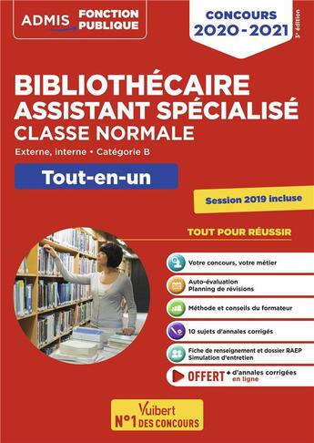 Couverture du livre « Bibliothécaire assistant spécialisé, classe normale ; externe, interne, catégorie B ; tout-en-un (édition 2020/2021) » de Jerome Brunet et Mathilde Barthe et Vincent Deyris et Lucie Flejou et Catherine Tellaa aux éditions Vuibert