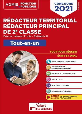 Couverture du livre « Concours rédacteur territorial et rédacteur principal 2e classe ; catégorie B (édition 2021) » de Olivier Bellego aux éditions Vuibert