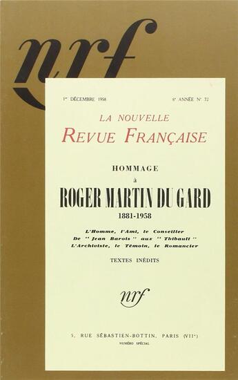 Couverture du livre « Hommage a roger martin du gard - (1881-1958) » de  aux éditions Gallimard