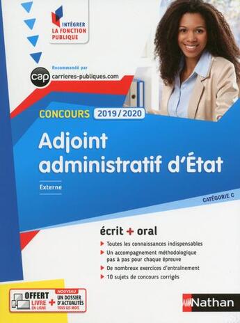 Couverture du livre « Adjoint administratif d'État ; concours (édition 2019/2020) » de  aux éditions Nathan