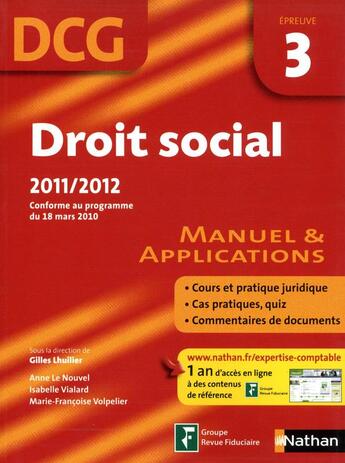 Couverture du livre « Droit social ; DCG ; épreuve 3 ; manuel et applications ; 2011/2012 » de  aux éditions Nathan