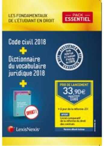 Couverture du livre « Pack étudiant essentiel ; code civil ; dictionnaire du vocabulaire juridique (édition 2018) » de  aux éditions Lexisnexis