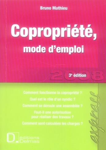 Couverture du livre « Copropriété mode d'emploi (3e édition) » de Bruno Mathieu aux éditions Delmas