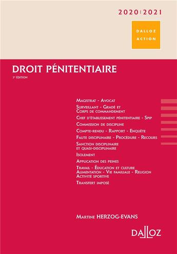 Couverture du livre « Droit pénitentiaire (édition 2020/2021) » de Martine Herzog-Evans aux éditions Dalloz