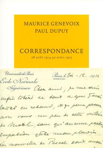 Couverture du livre « Correspondance (août 1914 - avril 1915) » de Paul Dupuy et Maurice Genevoix aux éditions Table Ronde