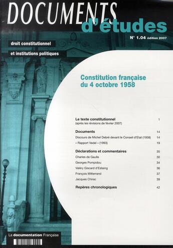 Couverture du livre « Constitution française du 4 octobre 1958 (édition 2007) » de  aux éditions Documentation Francaise