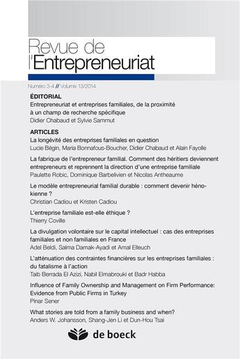 Couverture du livre « Revue de l'entrepreunariat T.2014/3.4 » de Revue De L'Entrepreunariat aux éditions De Boeck Superieur