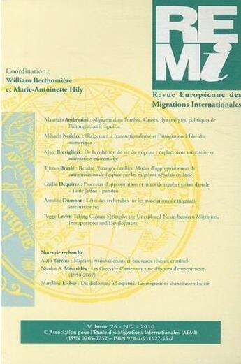 Couverture du livre « REVUE EUROPEENNE DES MIGRATIONS INTERNATIONALES n.26/2 » de  aux éditions Pu De Rennes