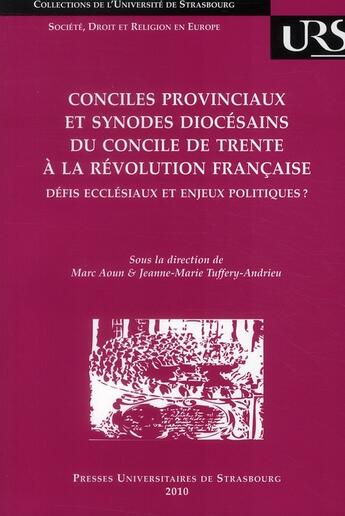 Couverture du livre « Conciles provinciaux et synodes diocésains du Concile de Trente à la Révolution francaise ; defis eccléssiaux et enjeux politiques ? » de Marc Aoun et Jeanne-Marie Tuffery-Andrieu aux éditions Pu De Strasbourg