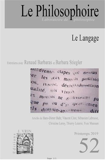 Couverture du livre « Le philosophoire n 52 le langage - automne 2019 » de  aux éditions Philosophoire