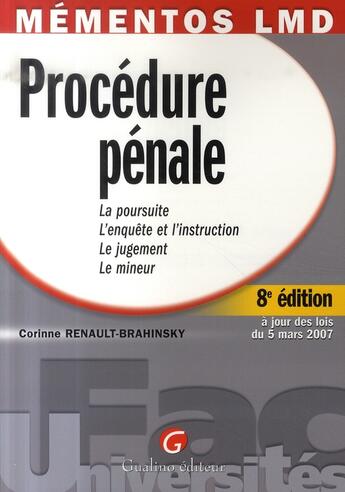 Couverture du livre « Procédure pénale (8e édition) » de Renault-Brahinski Co aux éditions Gualino