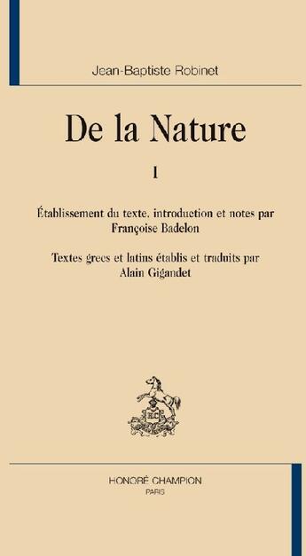 Couverture du livre « De la nature » de Jean-Baptiste Robinet aux éditions Honore Champion