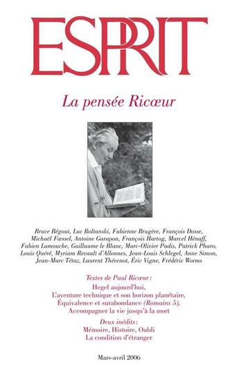 Couverture du livre « Esprit : mars-avril 2006 ; la pensée Ricoeur » de Revue Esprit aux éditions Revue Esprit