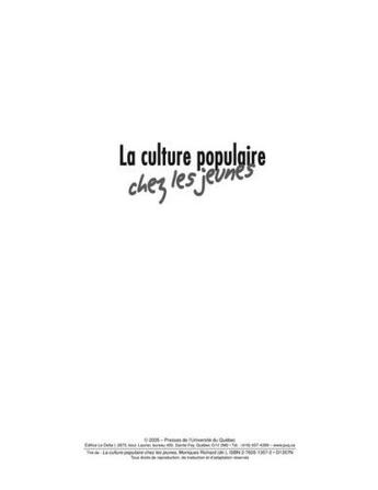 Couverture du livre « La culture populaire chez les jeunes ; entre projets artistiques et projets pedagogiques » de M Richard aux éditions Pu De Quebec