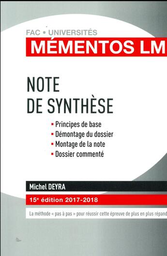 Couverture du livre « Note de synthèse (édition 2017/2018) » de Michel Deyra aux éditions Gualino