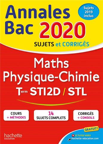 Couverture du livre « Annales bac 2020 maths physique-chimie tles sti2d-stl » de Vidal/Guilhemat aux éditions Hachette Education