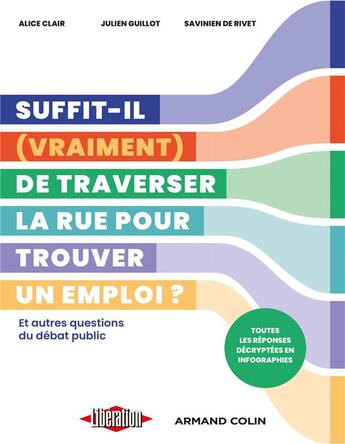 Couverture du livre « Suffit-il (vraiment) de traverser la rue pour trouver un emploi ? et autres questions du débat public : toutes les réponses décryptées en infographies » de Julien Guillot et Alice Clair et Savinien De Rivet aux éditions Armand Colin