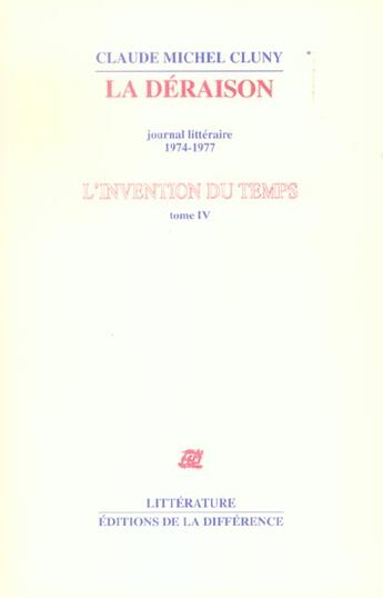 Couverture du livre « Invention du temps t04 deraiso » de Claude Michel Cluny aux éditions La Difference