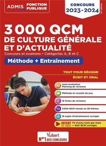 Couverture du livre « 3000 QCM de culture générale et d'actualité : méthode et entraînement ; catégories A, B et C (édition 2023/2024) » de Remi Peres et Melanie Hoffert et Lionel Lavergne aux éditions Vuibert