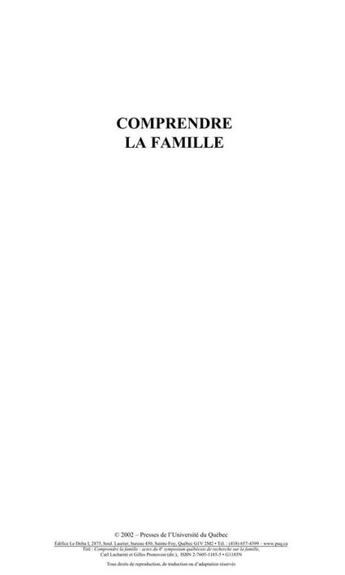 Couverture du livre « Comprendre la famille ; actes du 6e symposium québécois de recherche sur la famille » de Gilles Pronovost et Carl Lacharite aux éditions Presses De L'universite Du Quebec