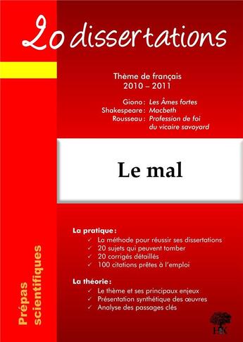 Couverture du livre « 20 dissertations : le mal ; thèmes de français (édition 2010/2011) » de David Gueron aux éditions H & K