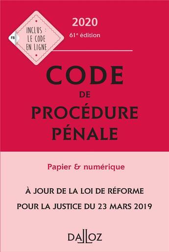 Couverture du livre « Code de procédure pénale (édition 2020) » de Coralie Ambroise-Casterot et Jean-Paul Cere et Jean-Francois Renucci et Maud Lena aux éditions Dalloz