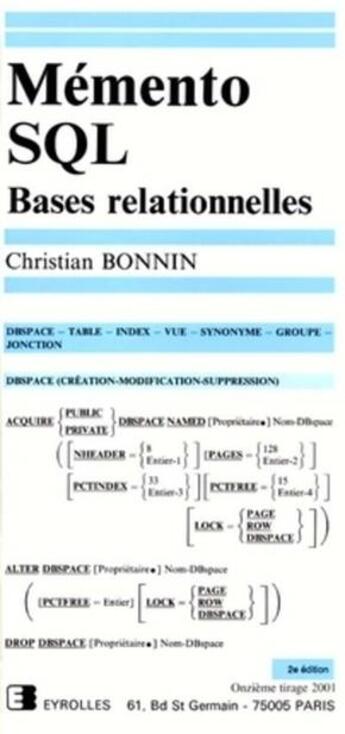 Couverture du livre « Mémento SQL ; bases relationnelles » de Christian Bonnin aux éditions Eyrolles