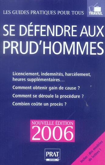 Couverture du livre « Se defendre aux prud hommes 2006 (édition 2006) » de Brigitte Vert aux éditions Prat