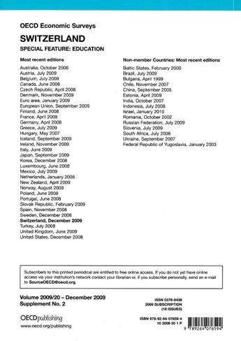 Couverture du livre « OECD economic surveys : Switzerland (édition 2009) » de  aux éditions Ocde