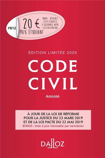 Couverture du livre « Code civil (édition 2020) » de Xavier Henry et Pascal Ancel et Alice Tisserand-Martin et Georges Wiederkher aux éditions Dalloz